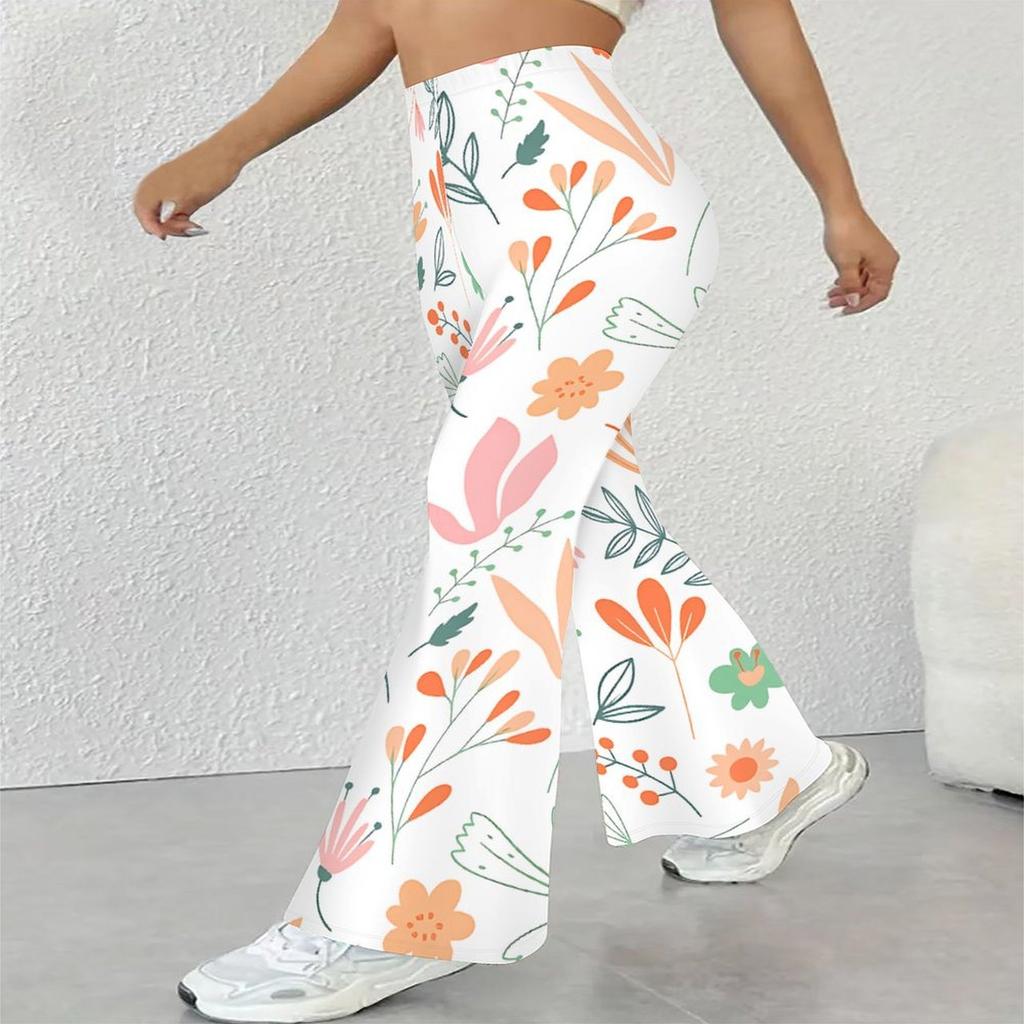 Women's Casual High Waist Flare Pants, Floral Print Streetwear Bell Bottom Trousers