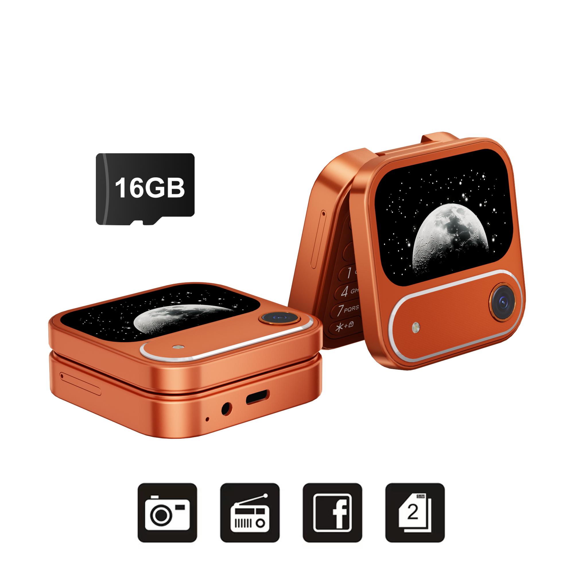 

i17 Air Mini Складаний Мобільний Телефон 2G GSM 1.77 Дисплей Магічний Голос Швидкий Набір FM Радіо 2 SIM-карти Маленькі Квадратні Телефони with 16G TF Card помаранчевий