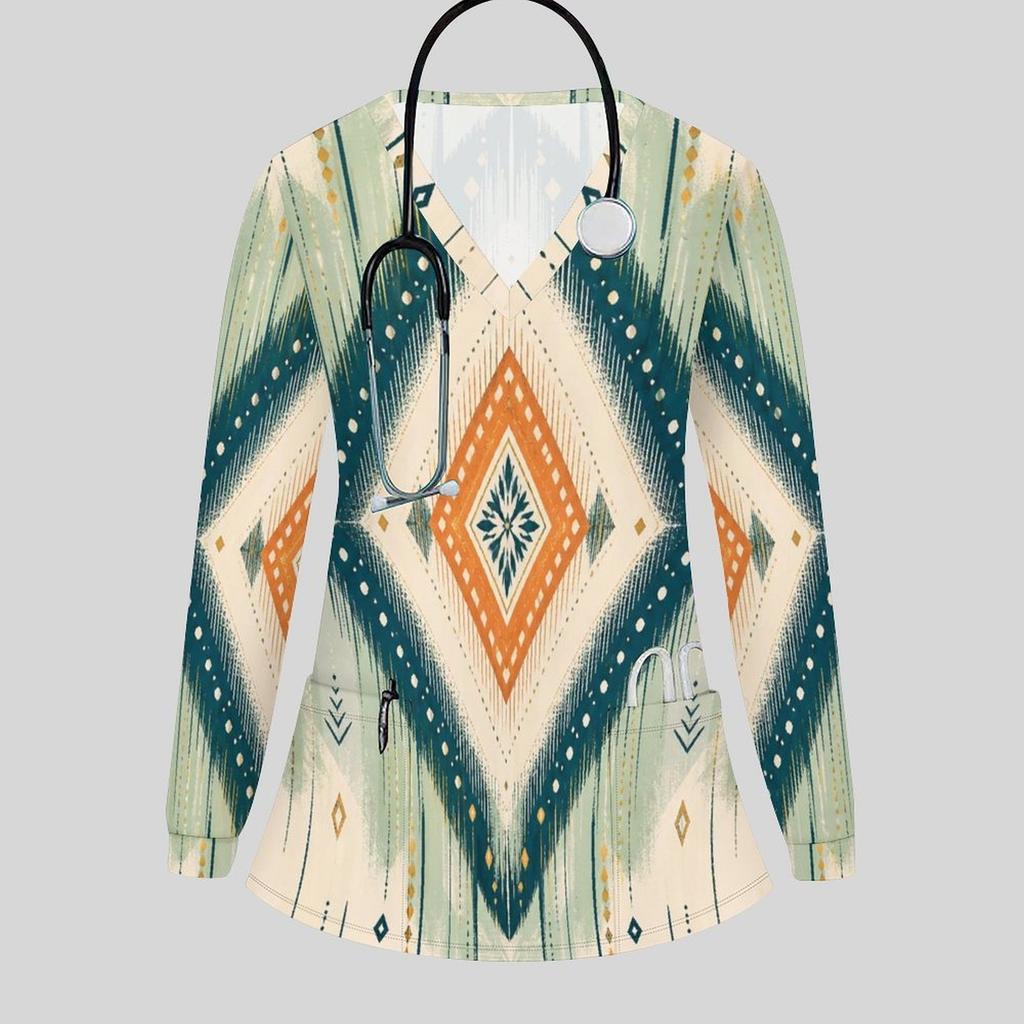 Women Plus Size Geometric Printed Nurse Scrub Top V Neck Long Sleeve With Front Pockets