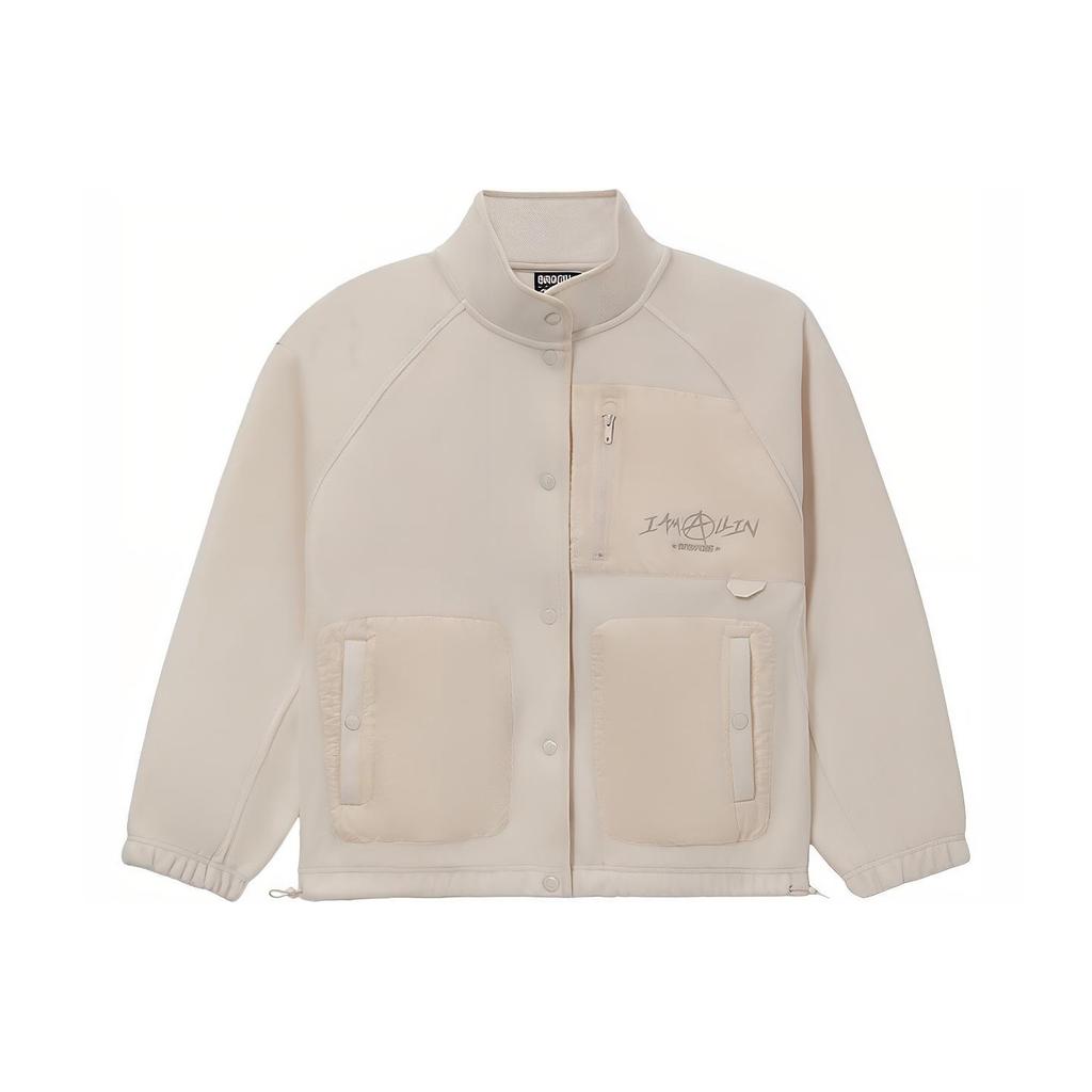 Li Ning Badfive Solid Color Letter Print Single-Breasted Stand Collar Casual Jacket Women Jacket Beige AWDS138-2