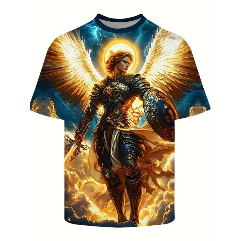Erkek 3d Melek Savaşçı Grafik Tişört Altın Kılıç Tasarımı 3D Baskılı Erkek Tişört Giyim Kanatlı Süslü Kenarlık Unisex Tişört Üstler
