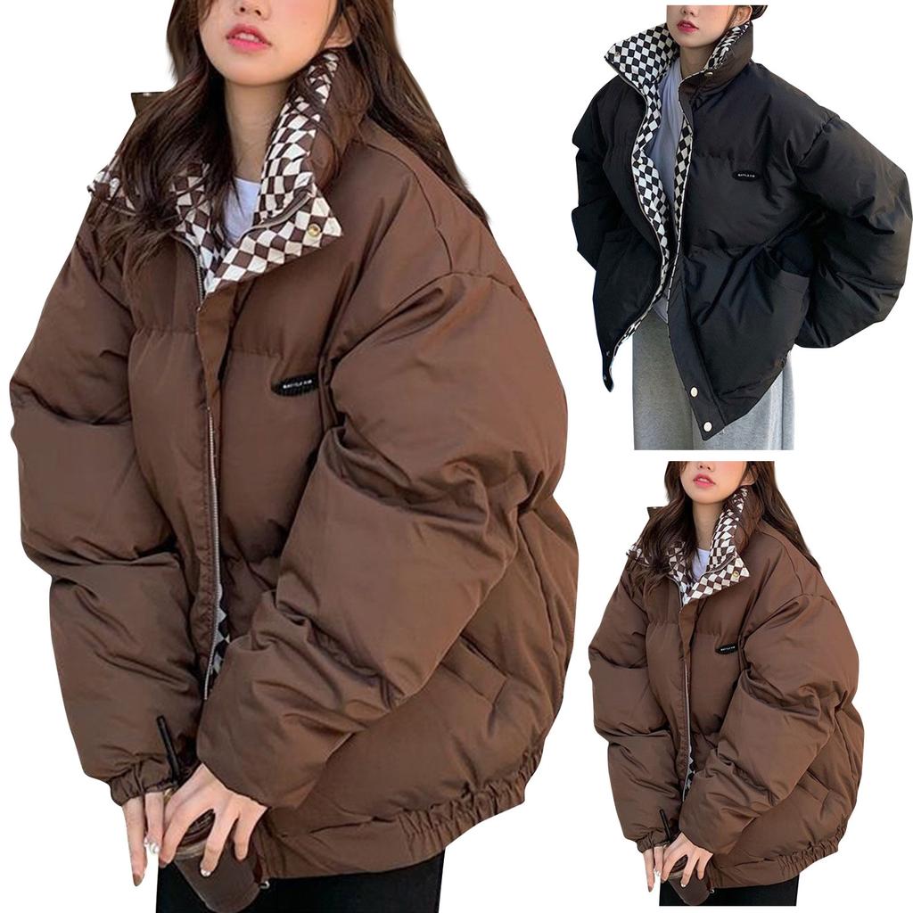Checkerboard Cotton Coat Women's Winter Retro Style Thick Loose  Coat Design Cotton Coat Trend