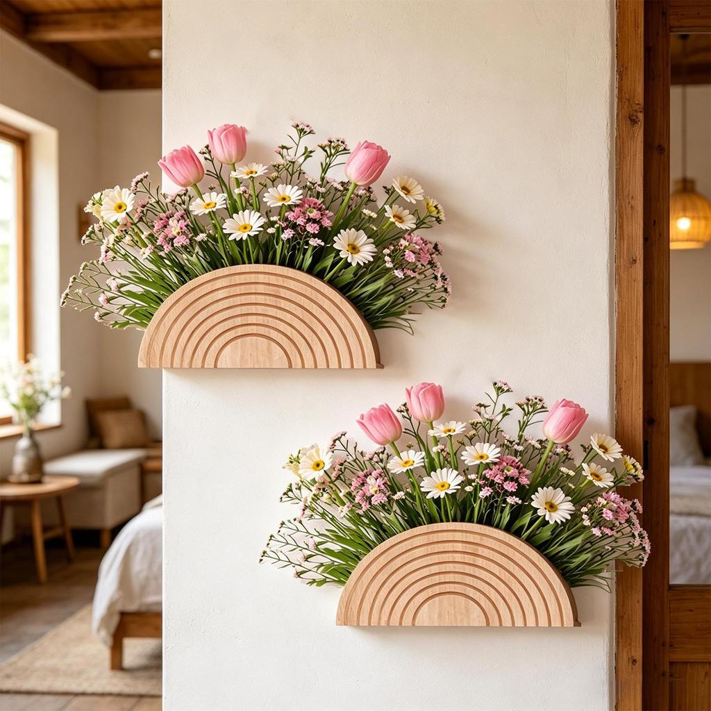 2 Pieces Bohemian Semi Circle Vase Wall Mounted Curved Wood Vase Planter Decoration For Artificial Plants Pampas Grass Faux
