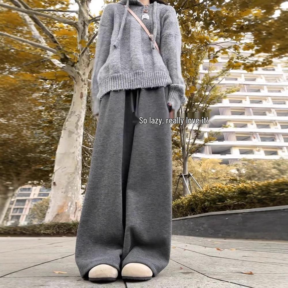 Women's Fleece-Lined High-Waisted Wide-Leg Pants - Soft, Knitted, Floor-Length, Loose-Fit for Autumn/Winter.