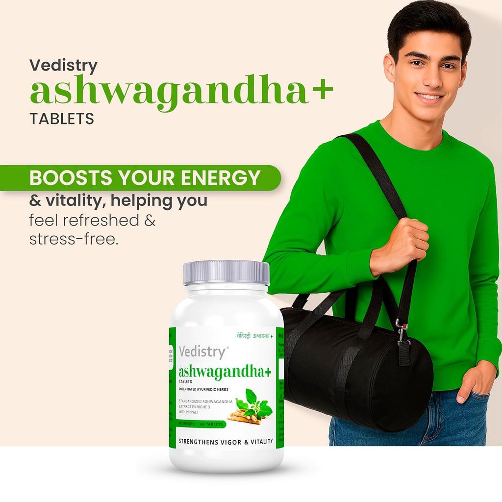 Vedistry Ashwagandha+ Tablets 60 Count X  Pack of 2 – Natural Energy, Stamina & Muscle Strength Supplement