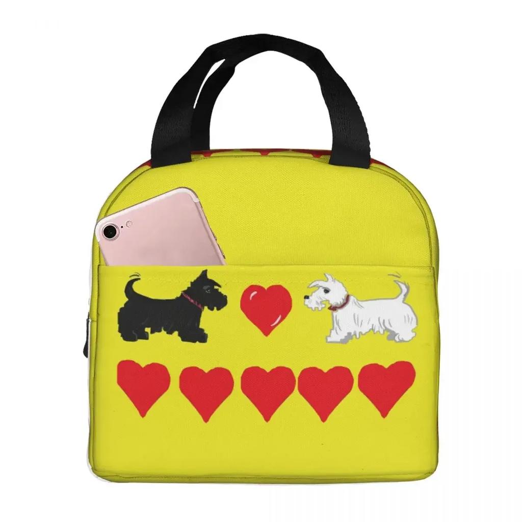 Scottie Dog Love Hearts Scottish Terrier Insulated Lunch Bag for Women Kids Portable Food Boxes Thermal Lunch Box Tote