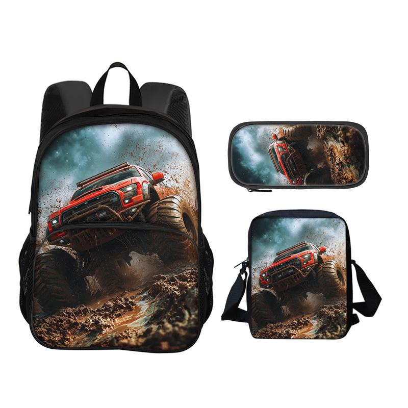 Monster Jam Round Front Bag Backpack Pen Bag Shoulder Bag 3Pcs Set Cartoon Print Student's Best Campus Companion Birthday Gift