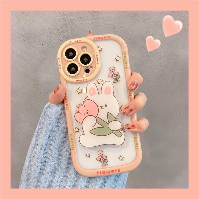 3d Cute Rabbit Cartoon Flower Shockproof Bumper Holder Stand Phone Cases For Iphone 14 11 12 13 Pro Max Soft Back Cover Case