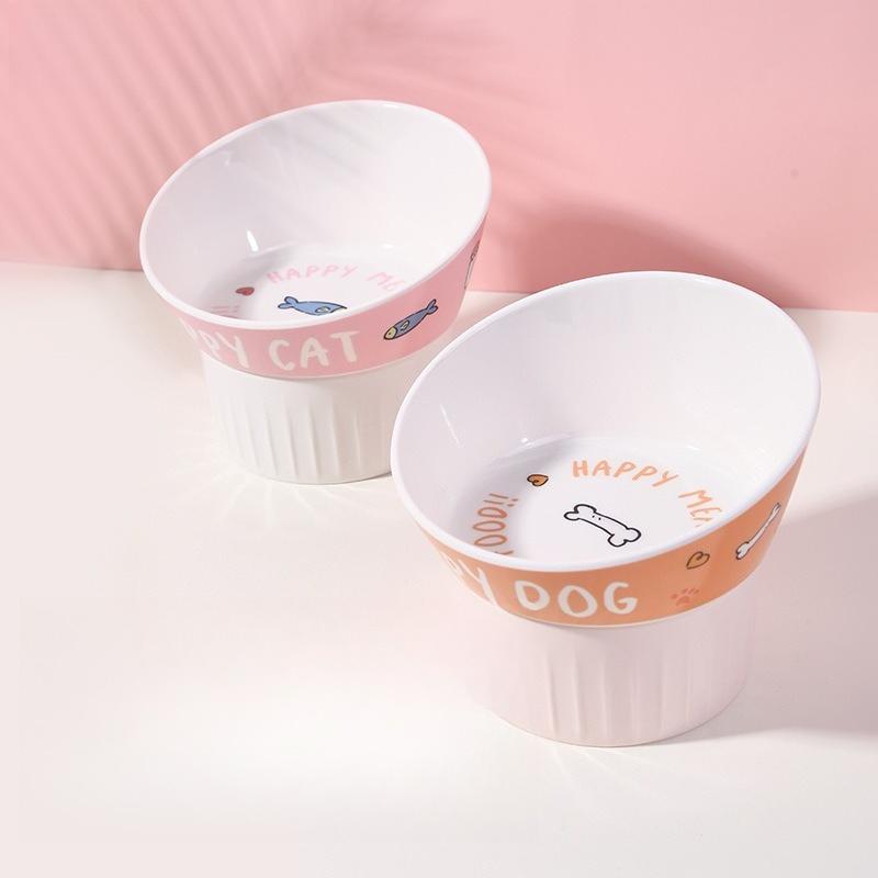 Bowl Oblique Neck Protection Imitation Porcelain Cat Bowl Dog Bowl Double Layer Removable Drinking Water Feeding Pet Supplies