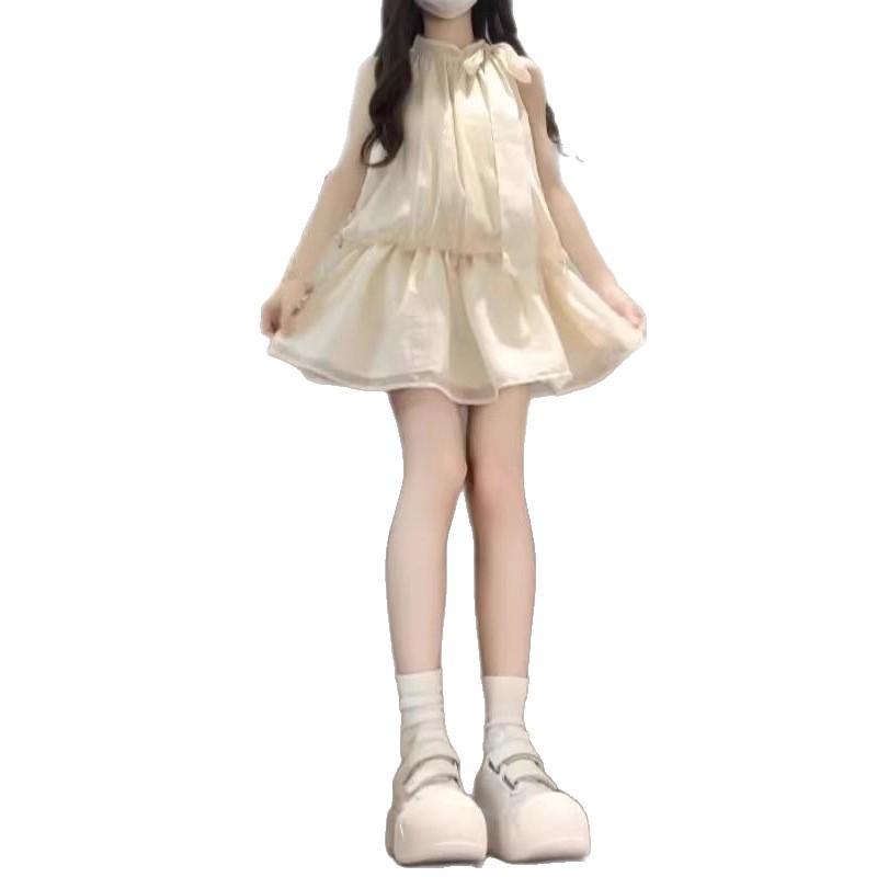 French Apricot Sleeveless Neck Sling Dress Children's Summer New Vacation Small Waist Skirt