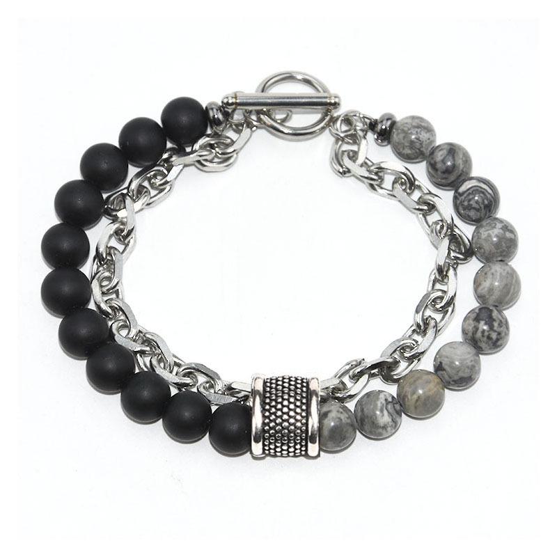 Natural Map Stone & Stainless Steel Men's Beaded Bracelet - Unique Fashion Jewelry