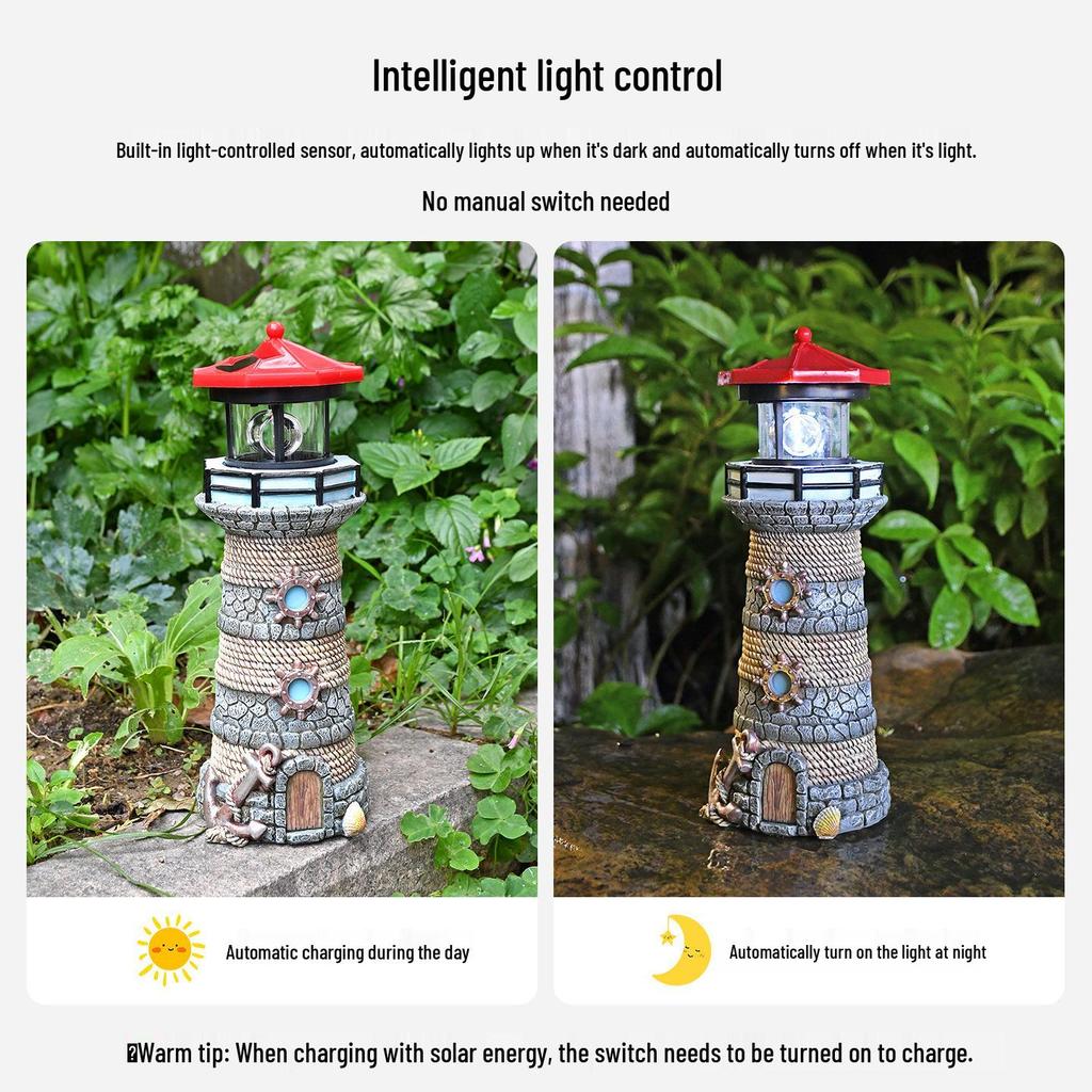 Solar Rotating Lighthouse Resin Decor for Outdoor Landscape and Garden