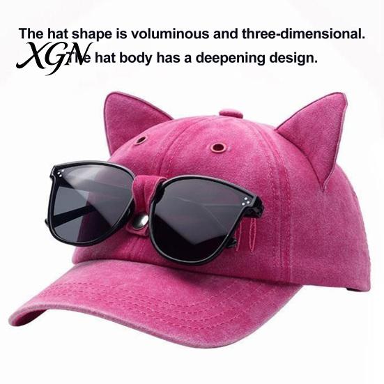 Unisex Hip Hop Cap Cat Ear Trucker Hat, Baseball with Detachable Sunglasses, Fashionable Outdoor Sun Hat Adjustable Pilot Style for Travel UV