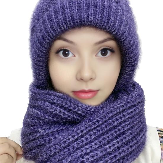 

Integrated Scarf Hat Solid Color Design Elastic Comfortable Thermal Winter Headwear Cold Weather Accessories фіолетовий