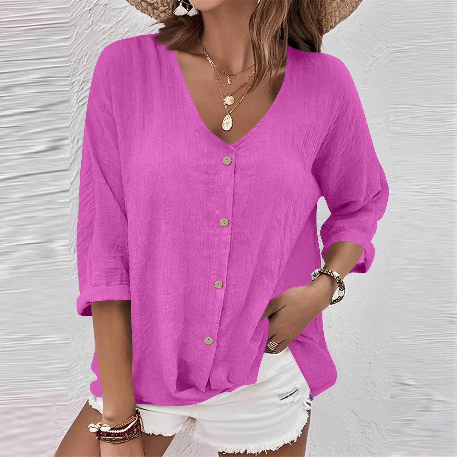 

Women s Fashion Casual Solid Color V-Neck Live Button Seven Sleeve T-Shirt Top XXXXXL