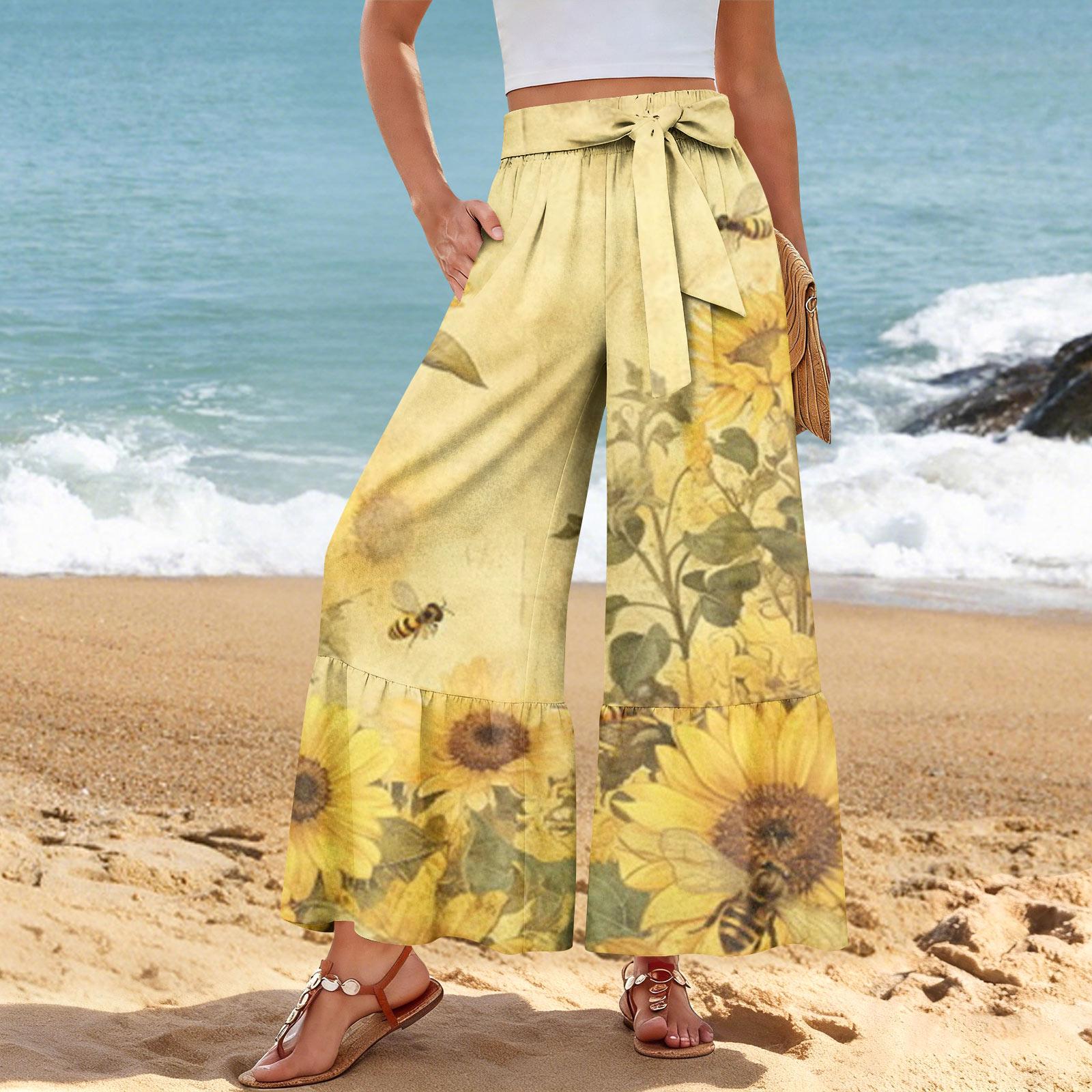 

Women s Wide-Leg Casual Pants, Stretch, High Waist, Ruffled Hem, Wide Legs, Belted, And Pockets XL жовтий