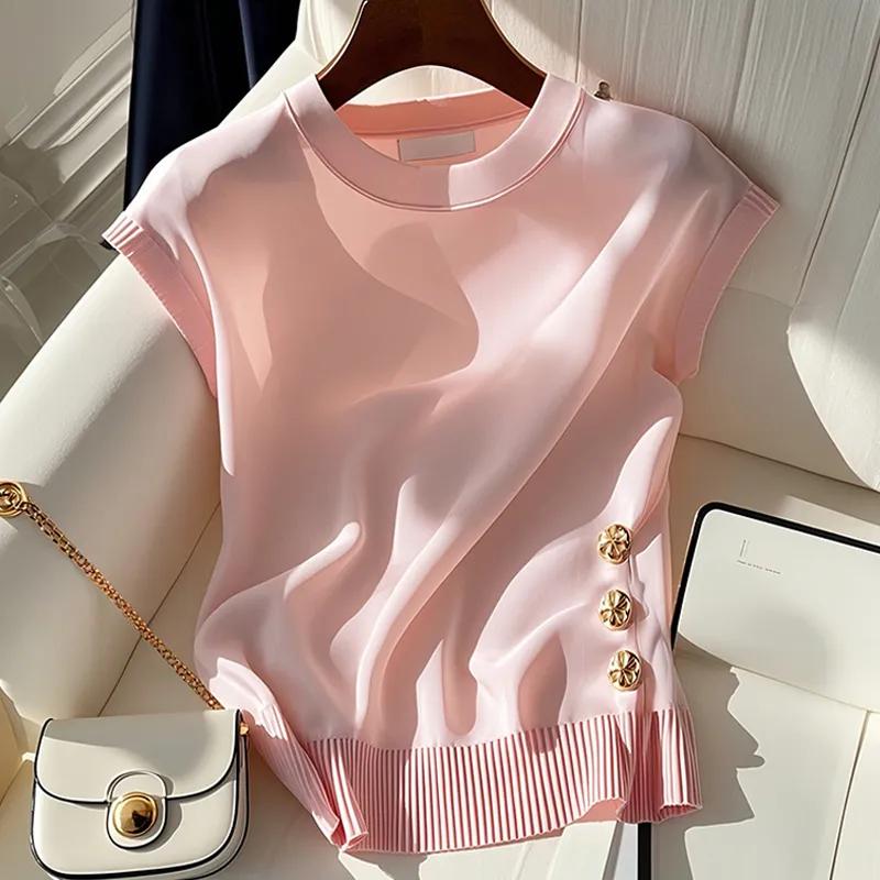 French Light Luxury Style Beautiful Pink Round Neck Knitted Sleeveless T-shirt for Women In Summer Chic Age-reducing Top