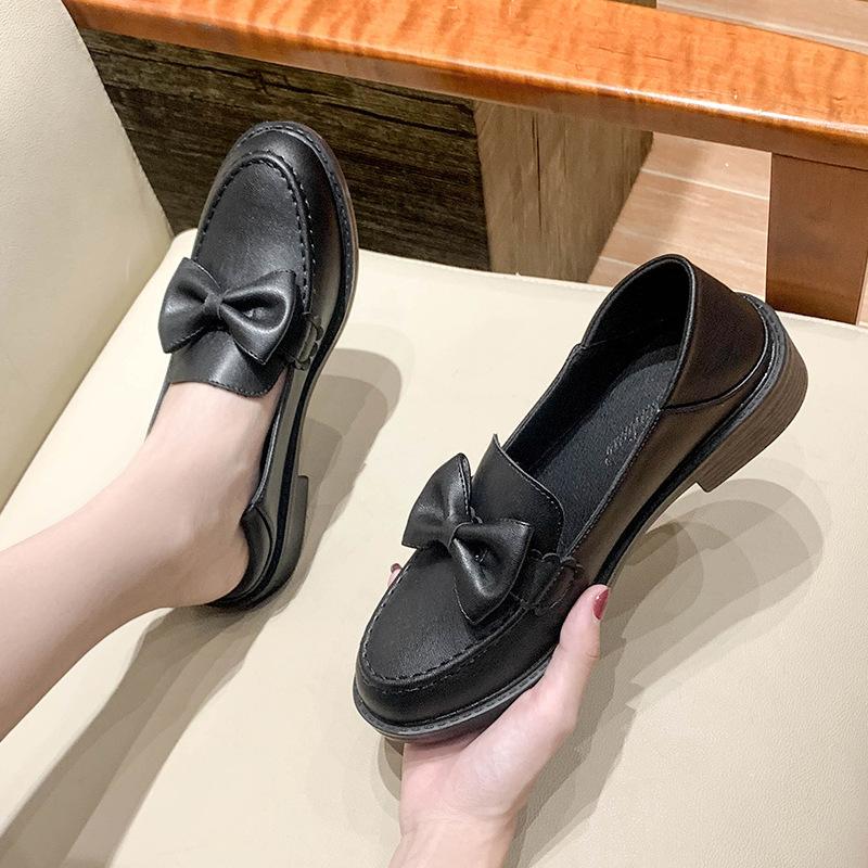 Preppy Girls Bowknot Oxfords Women Slip On Loafers Retro Small Leather Shoes Woman Winter Plush Round Toe Warm Plush Flats 34-41
