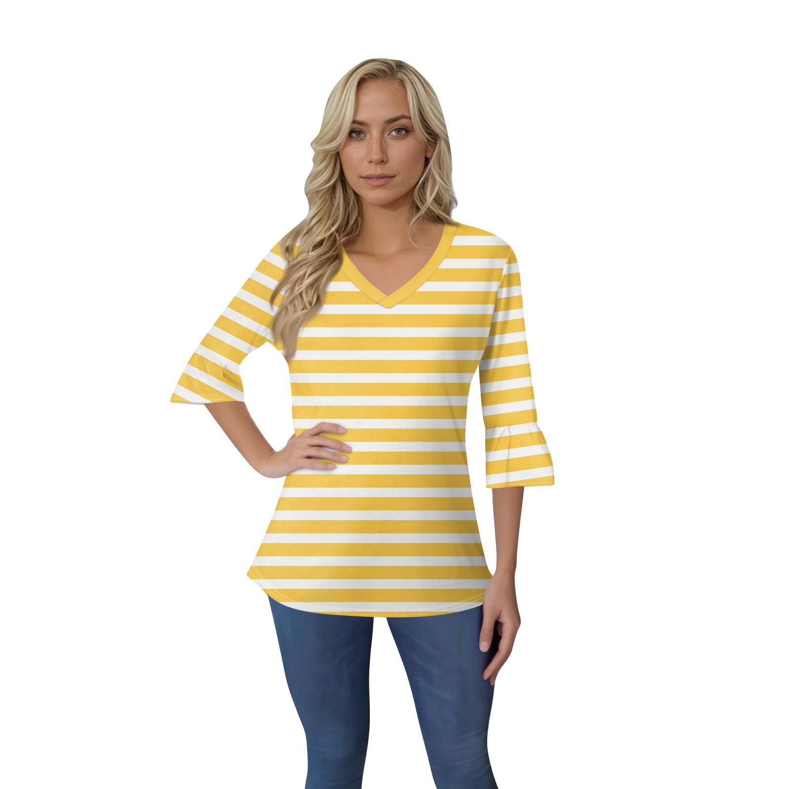 

Жіночий повсякденний топ з рукавами 3/4, літня футболка з V-подібним вирізом і пухкими рукавами XL жовтий