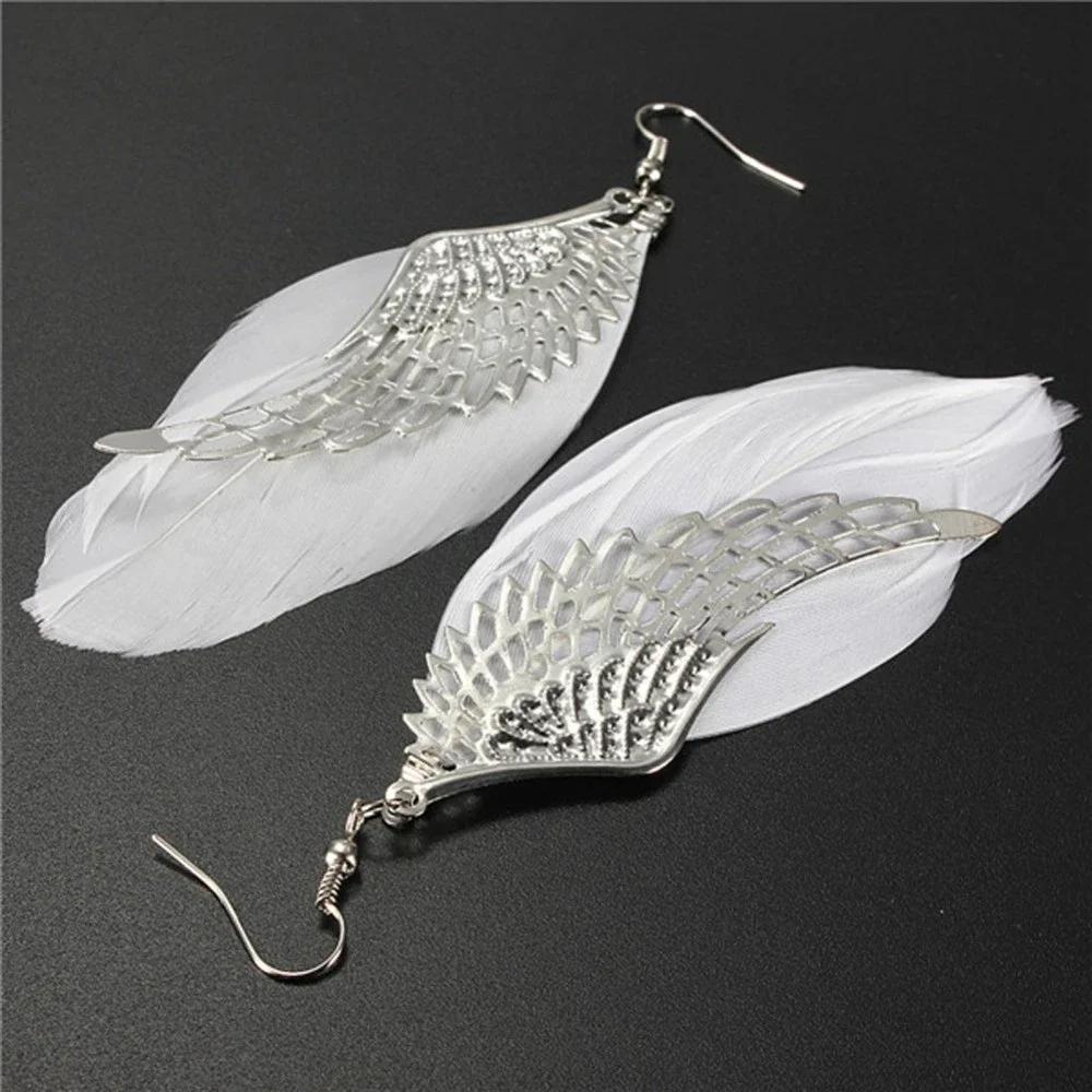 Fashion Silver Plated Angel Wings Earring White Feather Drop Earrings for Women