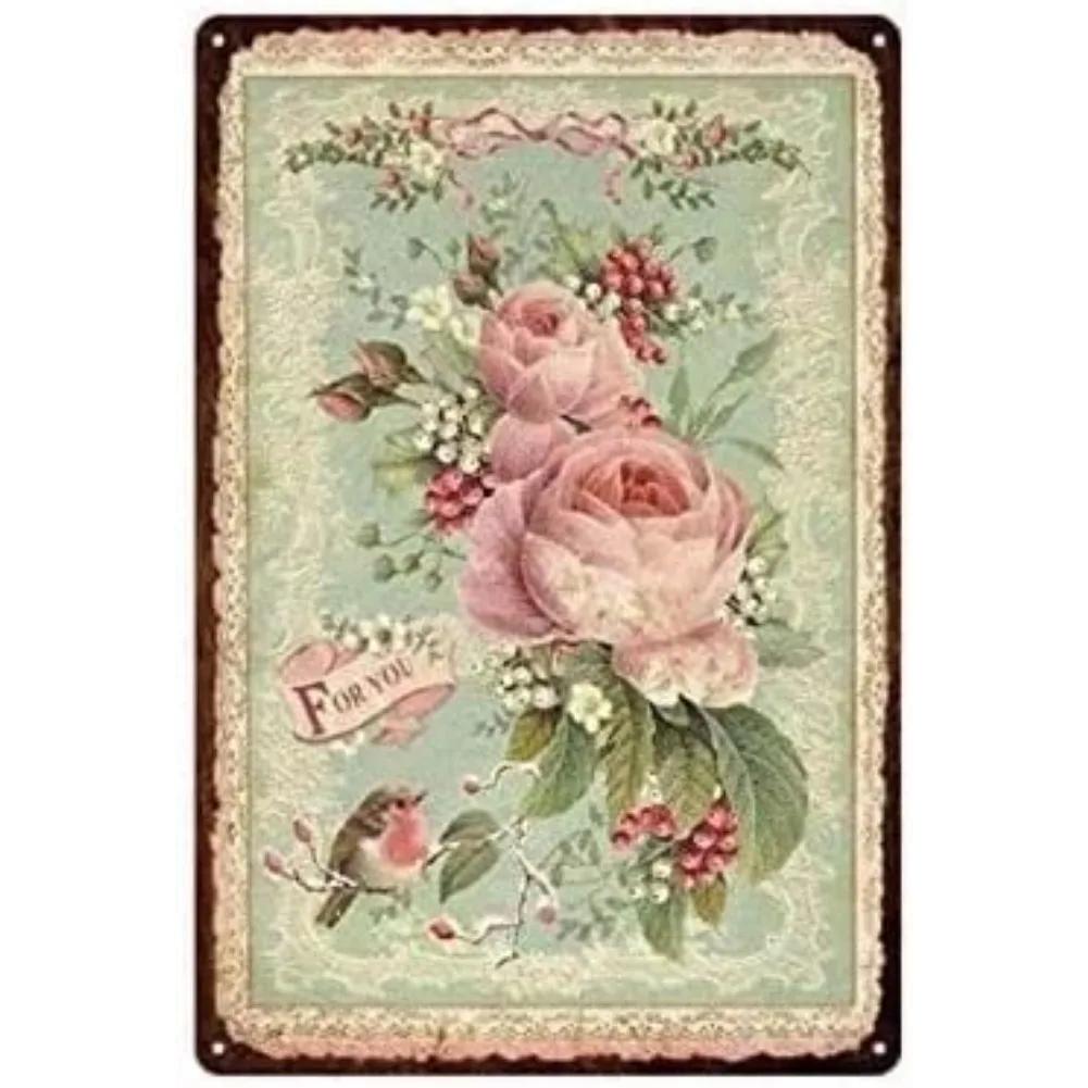 2D  Retro Metal Tin Sign Flower Rustic Wall Decor Metal Wall Plate Vintage Tin Sign for Street    Home Bar Club Kitchen 20x30cm