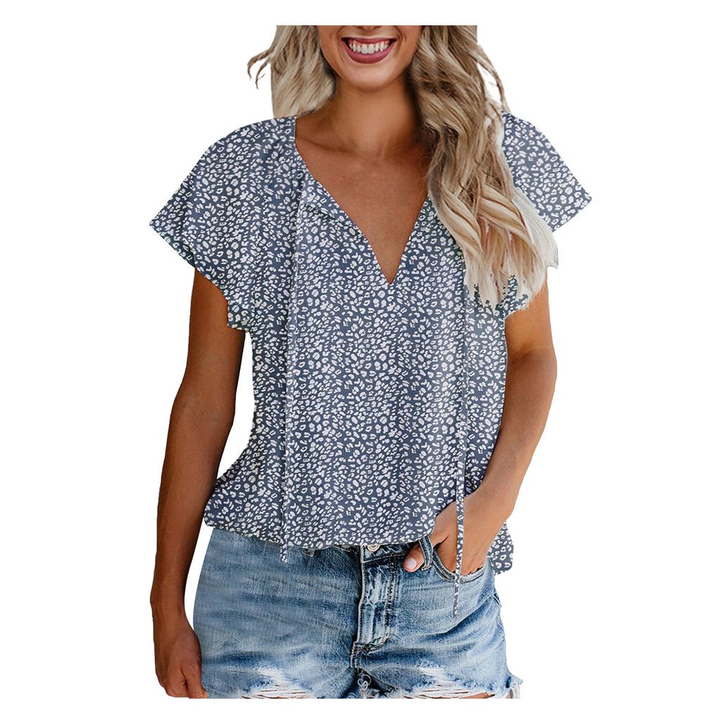 Casual Women Printed V-neck Floral Short-sleeved Casual Pullover T-shirt