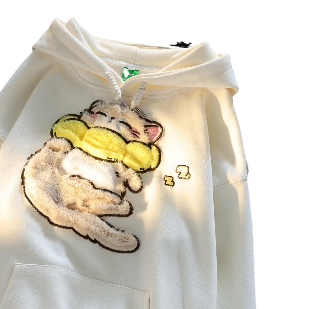 Flocking cute cat hooded sweater, men's and women's niche designs are different, couples' coats are medium and long.
