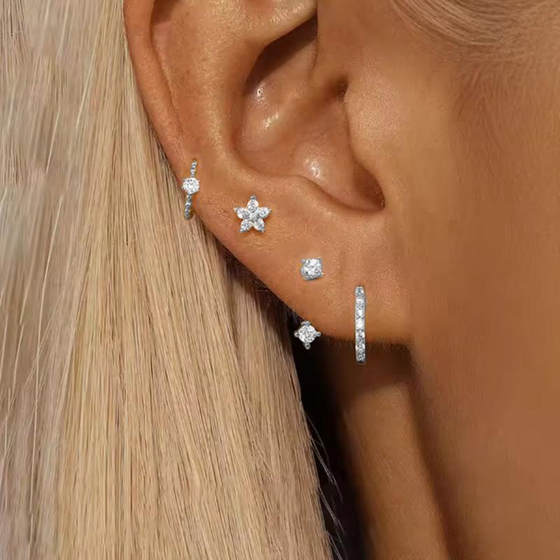 

4PCS Fashion Zircon Round Hoop Earring Set Women Temperament Flower Ear Stud Huggie Earring Tragus Piercing Cartilage Jewelry