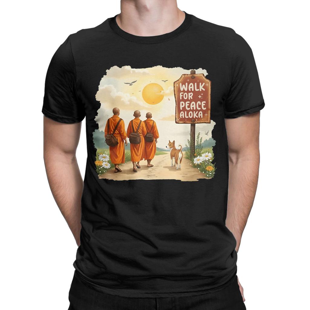 Vintage Retro Walk for Peace Monks with Aloka Dog TShirt for Men Round Collar 100 Cotton T Shirt  Short Sleeve Tees Tops