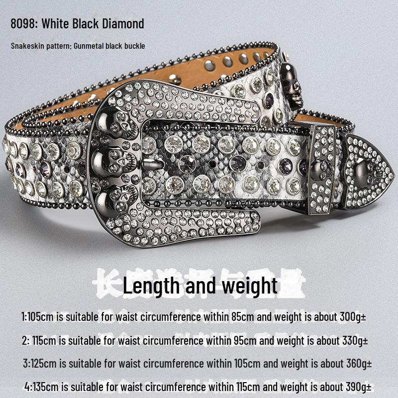 Curea de lux cu cataramă cu strasuri și craniu închis la culoare, cu paiete și diamante