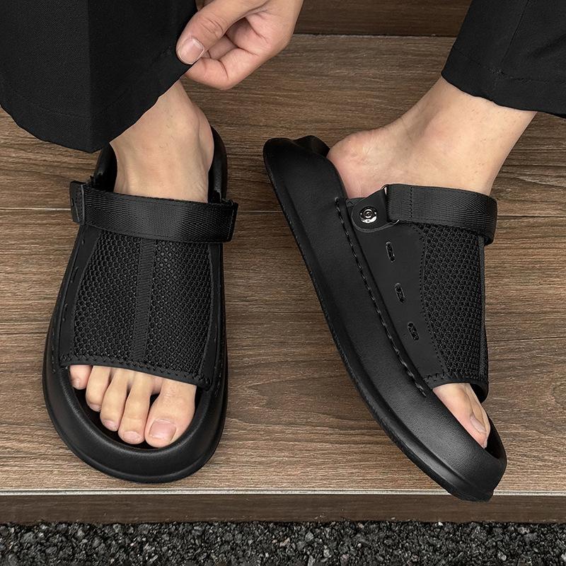 Herren Ein-Wort-Sandalen tragen atmungsaktive weichsohlige lässige vielseitige Mode-Strandschuhe 471226 schwarz-J