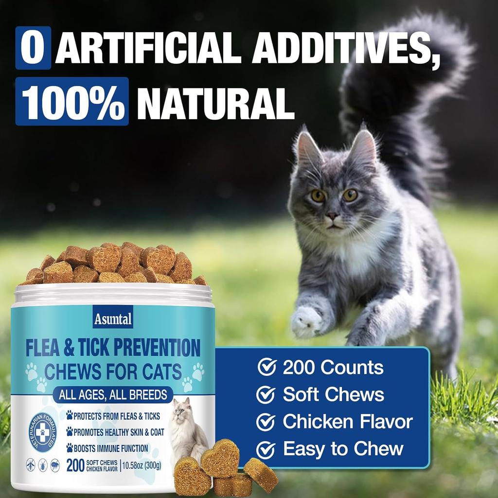 Flea and Tick Prevention for Cats Chewable, Natural Cat Flea Treatment, Oral Kitten Cat Flea & Tick Control, Flea Pills Supplement with Vitamins