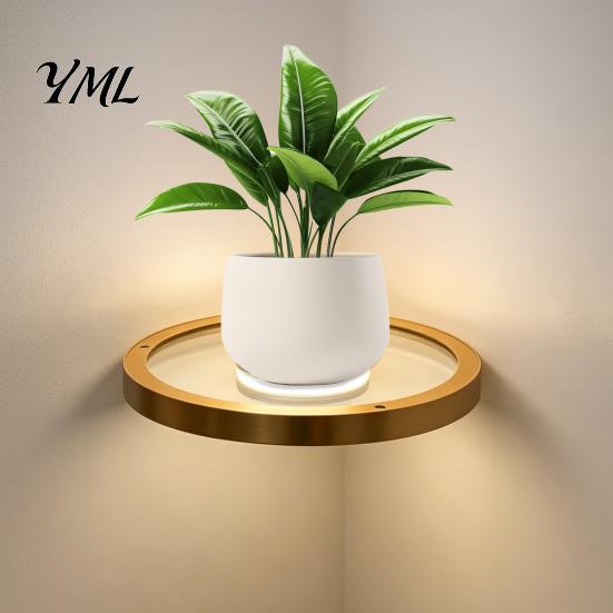 Space Saving Floating Plant Stand Wall Shelf with LED Light, Modern Gold Metal Display Rack Luxury Organizer for Plants Book, Mounted Decor