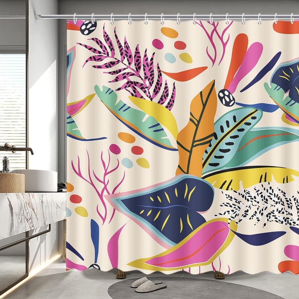Jungle Boho Shower Curtain Colorful Mid Century Shower Curtains Abstract Floral Asthetic Pastel Modern Contemporary Art Bathroom