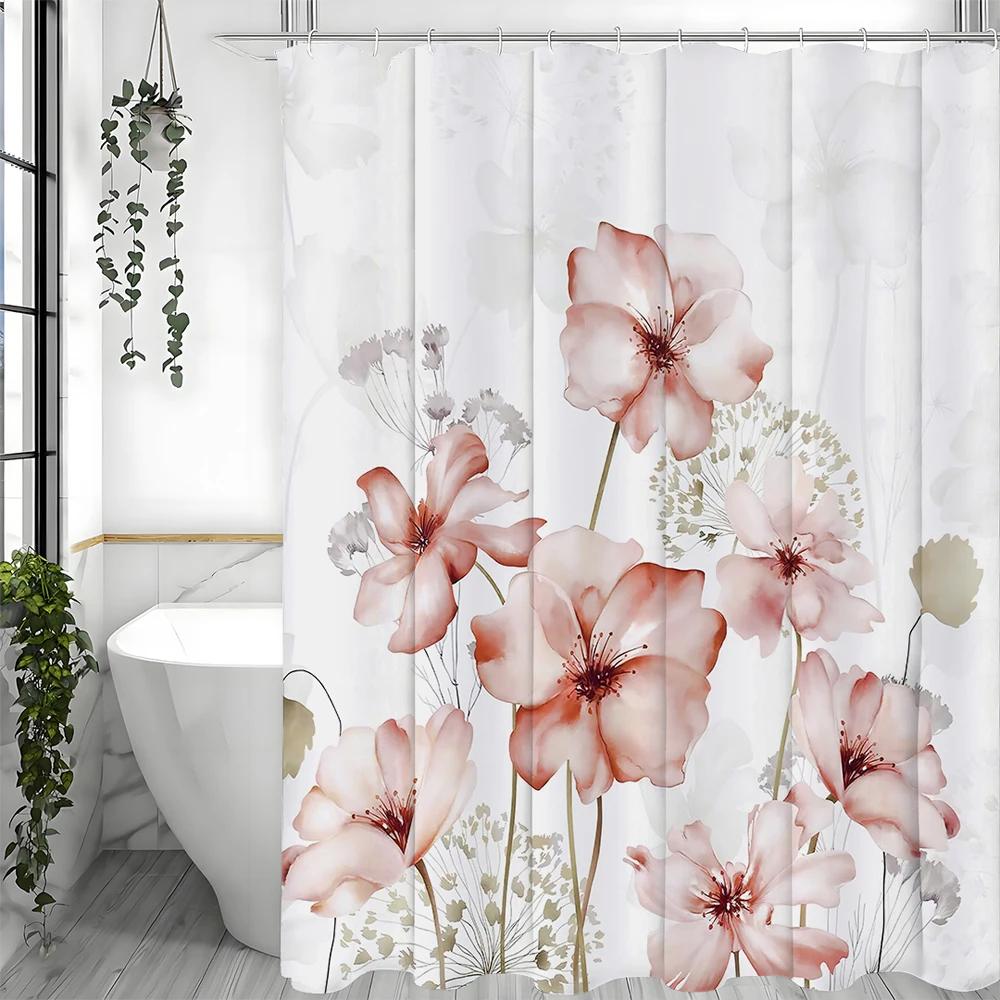 Blush Pink Floral Watercolor Floral Shower Curtain, Bathroom Decorative Shower Curtain, Waterproof Shower Curtain with Hooks W90xH180cm