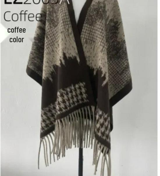 Trendy Imitation Cashmere Houndstooth Plaid Cape Scarf with Tassels for Autumn/Winter