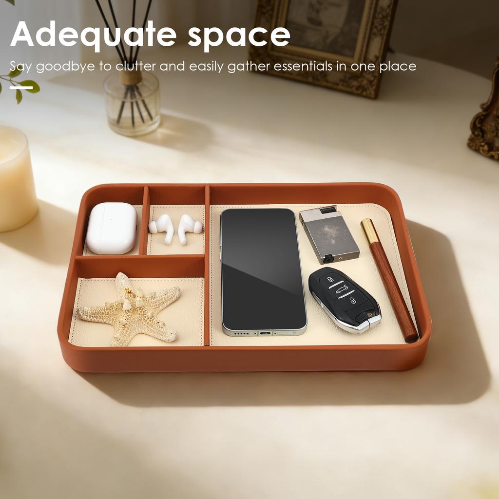 4-Compartment Storage Tray Stylish PU Leather Tray Multipurpose Bedside Desk Holder Decorative Entryway Tray for Phone Key Watch