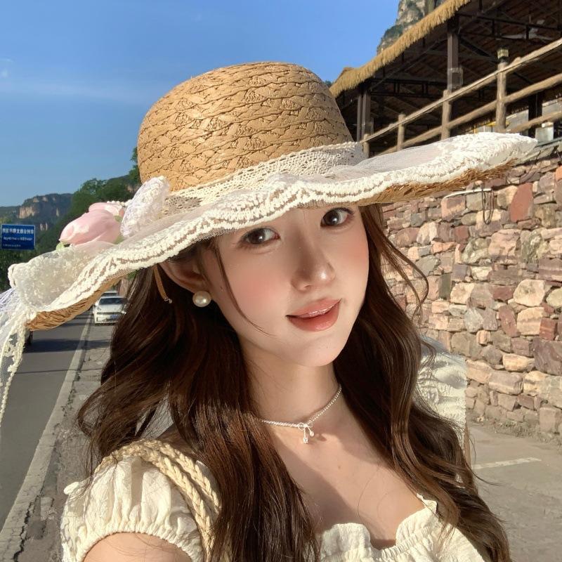 Small Fresh Pastoral Sweet Bow Sun Hat Children Beige Straw Hat Straw Hat Versatile Summer Photo