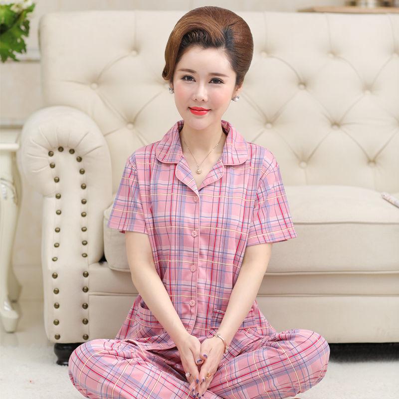 Summer cotton pajamas women's short-sleeved trousers middle-aged women's plus-size cardigan set thin loungewear