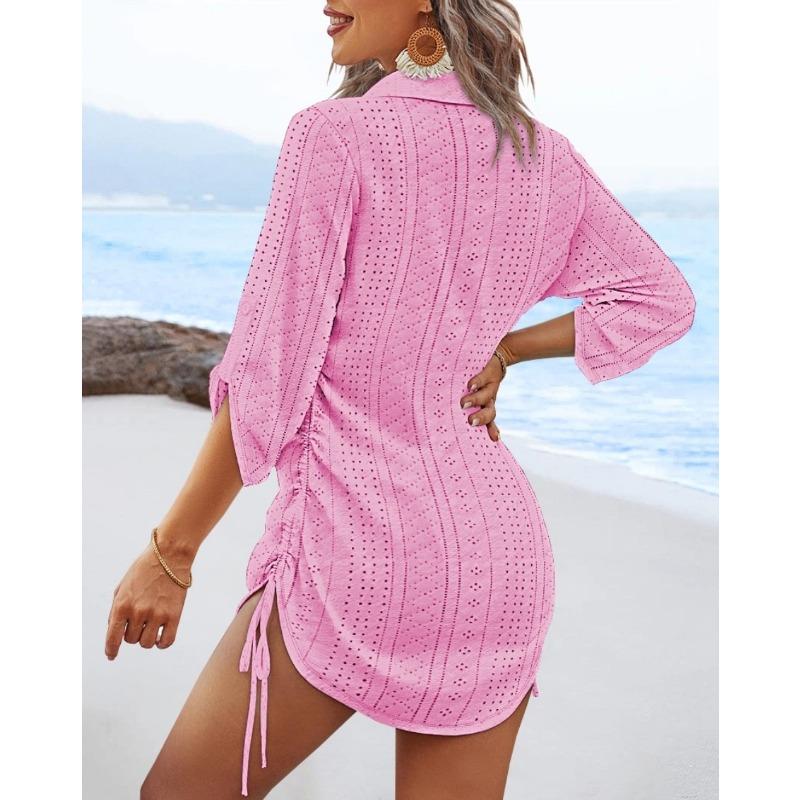 VEZFAA Women's Fashion Summer Spring Solid Color Print Short Sleeve V-Neck Loose Waistline Casual Dresses