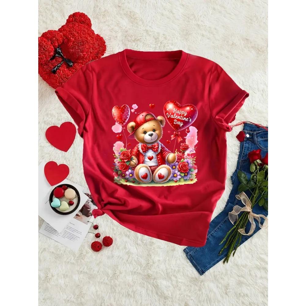 Women's Valentine's Day Heart-shaped Printed T-shirt Round Neck Short Sleeved Shirt