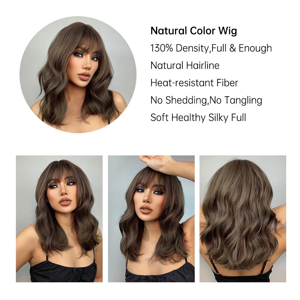 HENRY MARGU Schwarze, dunkelbraune, mittlere Wasserwellen-Perücken mit Pony, Wellen-Cosplay-Kunsthaar-Perücke für schwarze Frauen, hitzebeständig