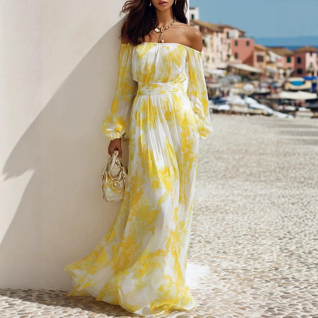 Women's Off Shoulder Tie Print Long Sleeve Fitted Casual Midi Dress