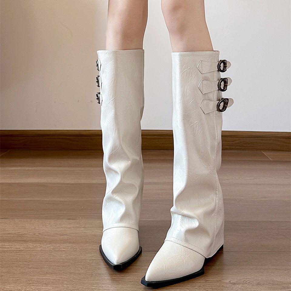 French Pointed Toe Thigh-High Wedge Heel Boots - Women's Elevated Pant Boots for Autumn/Winter Fashion, Over-the-Knee Wasteland Style.