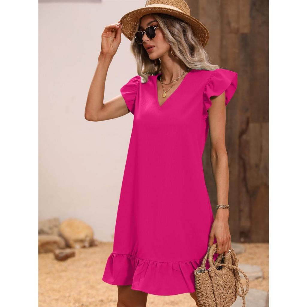 Women's V Neck Ruffle Sleeve Loose Fit Solid Color Casual A Line Summer Dress