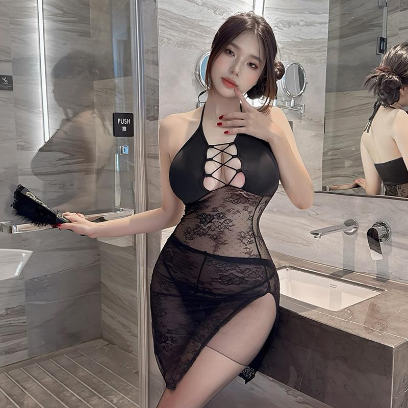 Fan Lei sexy underwear sexy long dress hot perspective mesh uniform temptation passion qqny1