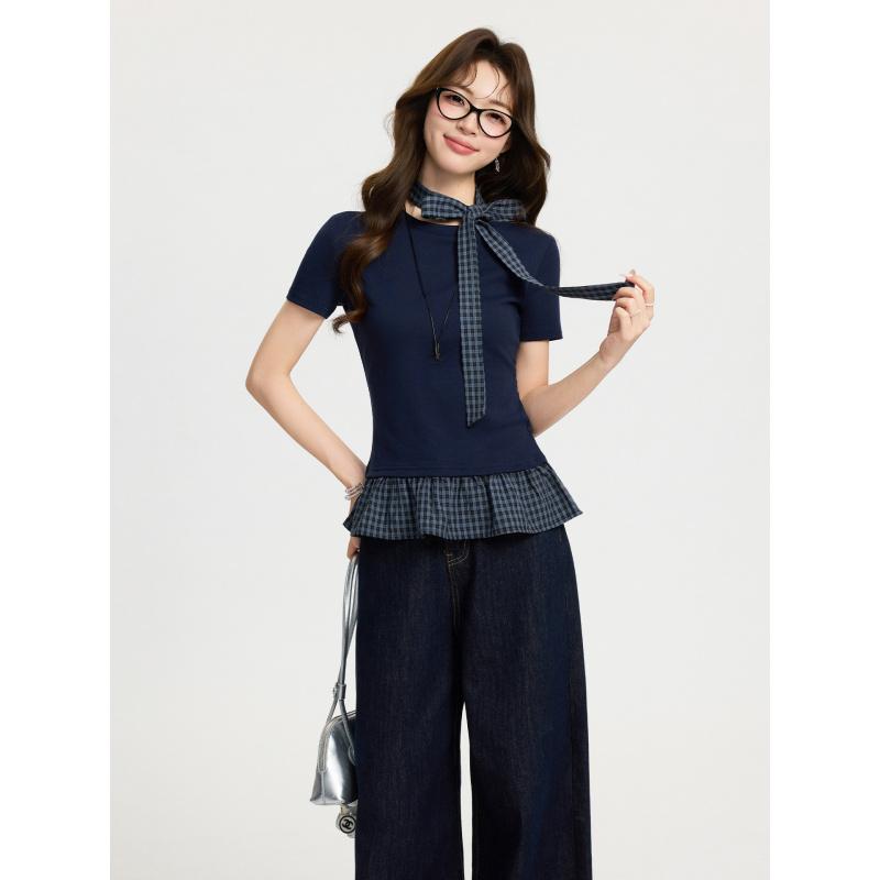 

Fake Two-Piece Plaid Short-Sleeve T-Shirt With Lace Hem For Women New Spring/Summer Base Shirt With Ribbons S темно-синий