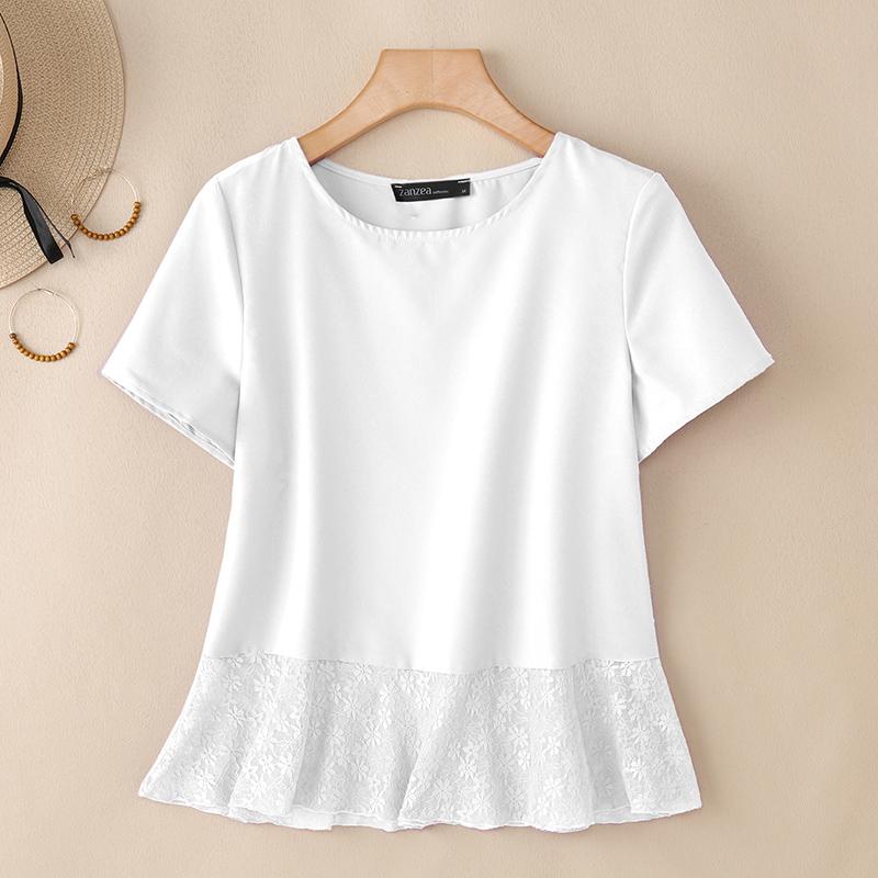 

ZANZEA Женская повседневная блузка с круглым вырезом, короткими рукавами и кружевной вставкой 2XL белый