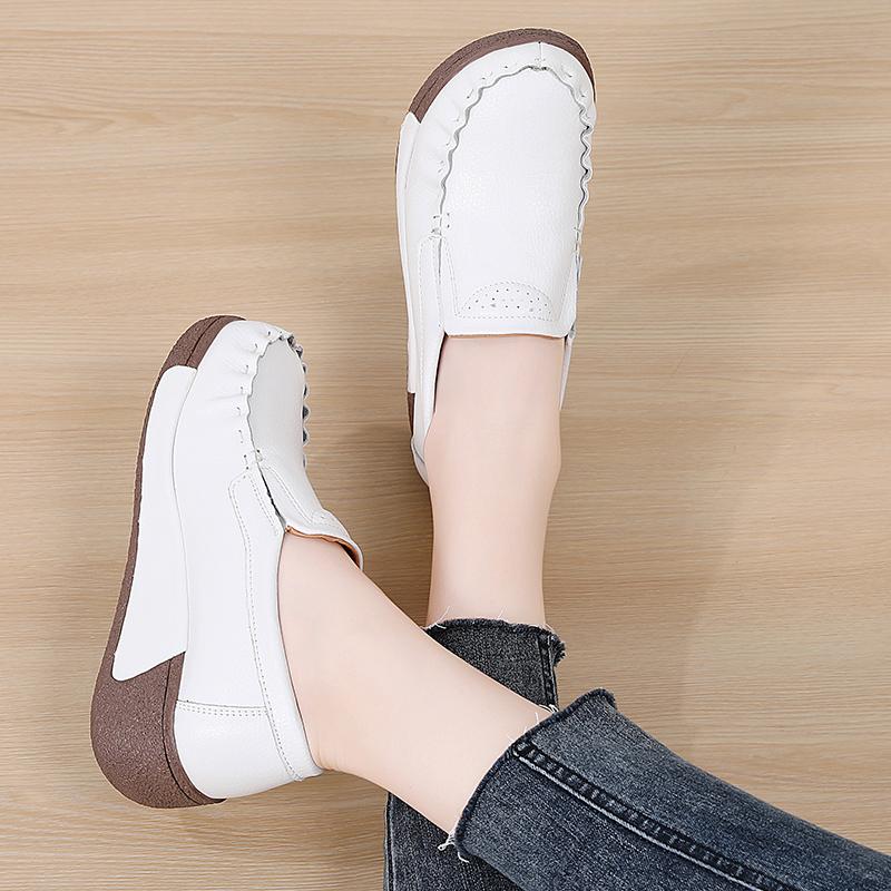 Spring and Summer Women Fashion Loafers Genuine Leather Moccasins Autumn Slip-on Casual Round Toe Wedge Platform Rocking Shoes