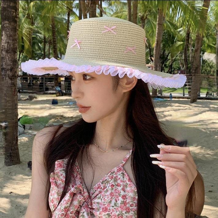 Big Hat with Bow Lace Lace Ridge for Women In Summer Beach Hat Sun Protection Hat Big Brim Sun Hat Vacation Straw Hat
